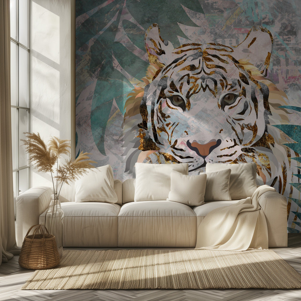 Mural de pared de palmera tropical con diseño de tigre y grunge | Papel Pintado Fotográfico