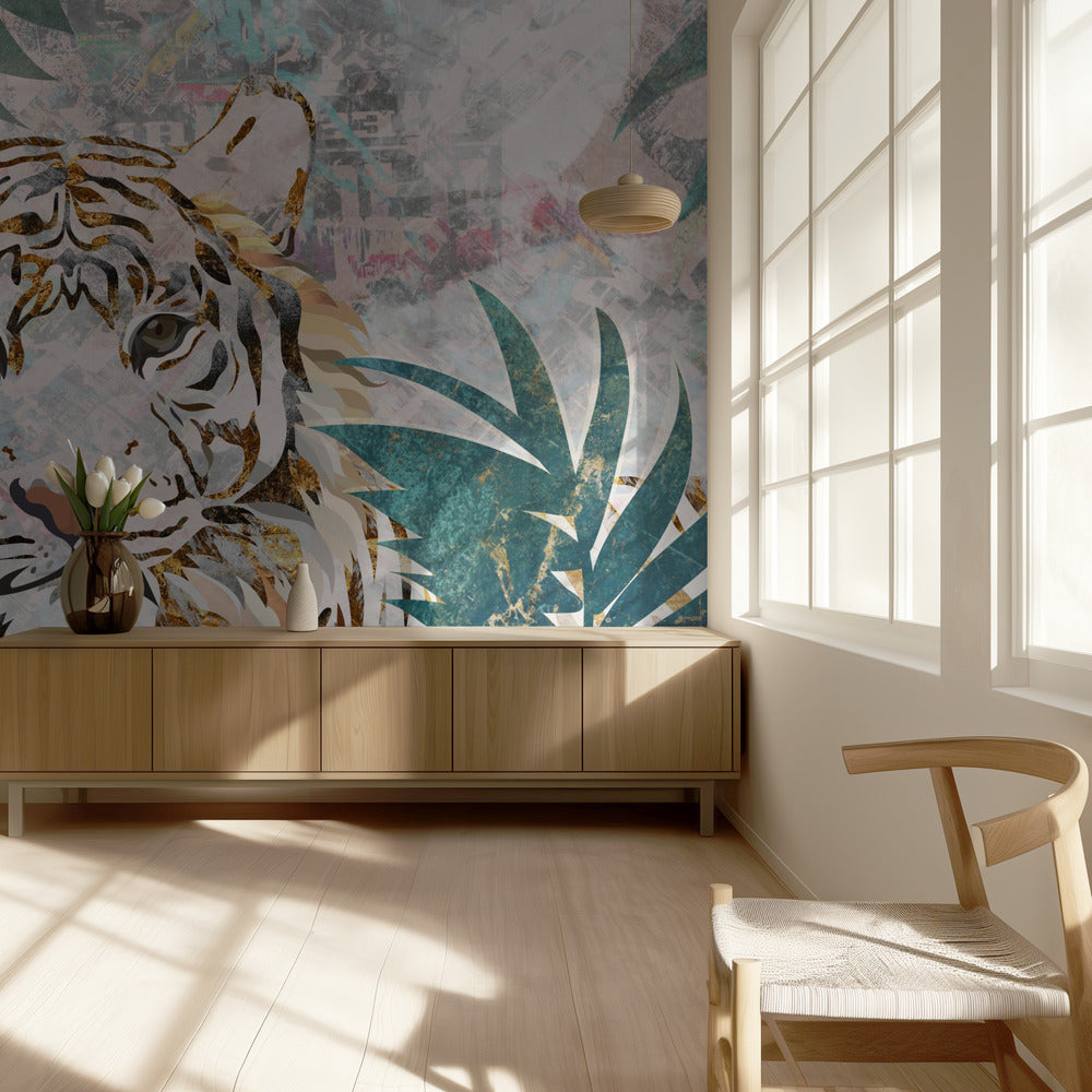 Mural de pared de palmera tropical con diseño de tigre y grunge | Papel Pintado Fotográfico