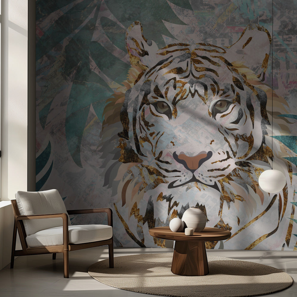 Mural de pared de palmera tropical con diseño de tigre y grunge | Papel Pintado Fotográfico