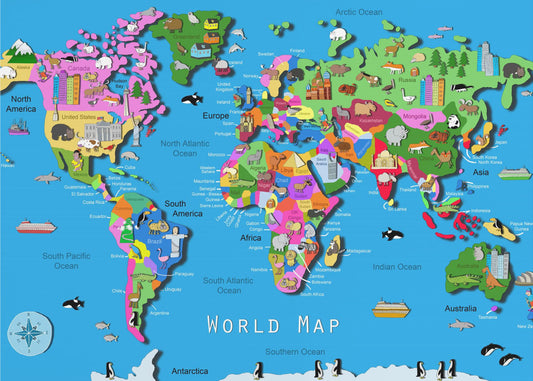 Mapa mundial ilustrado con países y continentes por Carla Daly | Impresiones en Lienzo