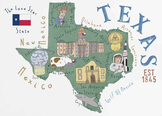 Mapa del estado de Texas ilustrado por la artista Carla Daly | Impresiones en Lienzo