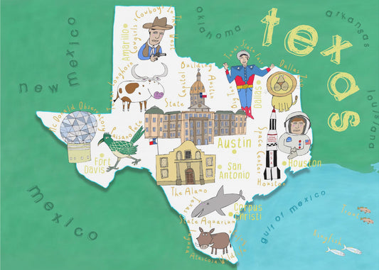 Ilustración del mapa del estado de Texas por la artista de mapas Carla Daly | Impresiones en Lienzo