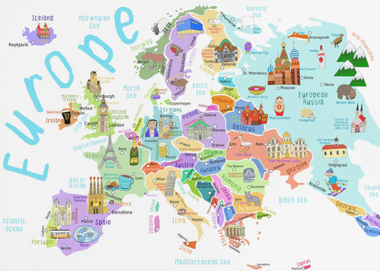 Mapa ilustrado de Europa por la ilustradora de mapas Carla Daly | Impresiones en Lienzo