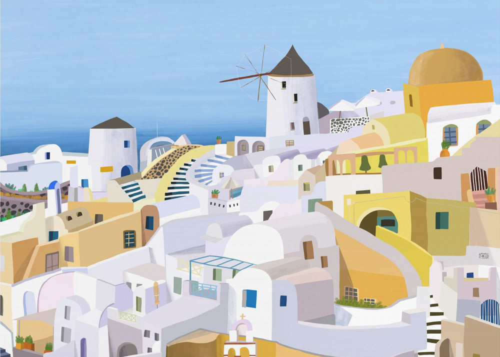 Santorini, edificios griegos amarillos y blancos de la artista Carla Daly | Impresiones en Lienzo