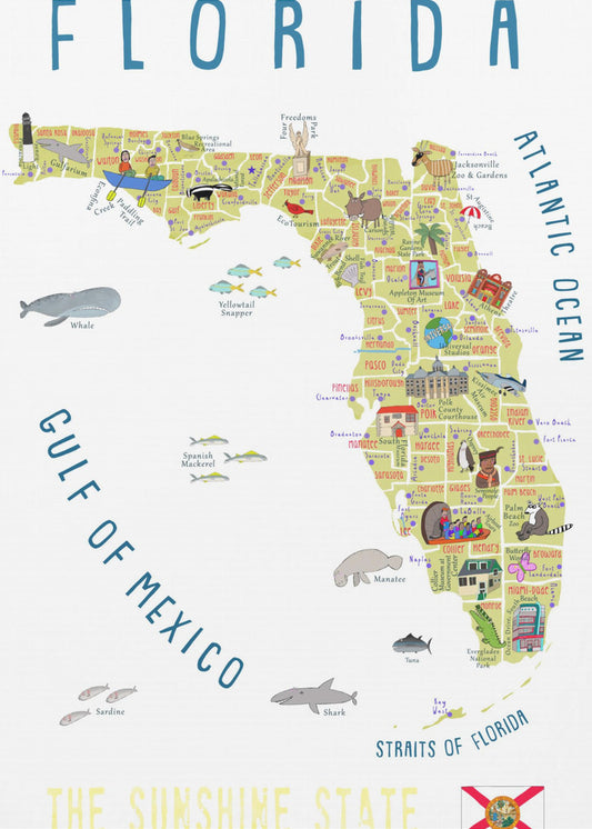 Illustreret kort over Florida af kunstneren Carla Daly | Lærredsbilleder