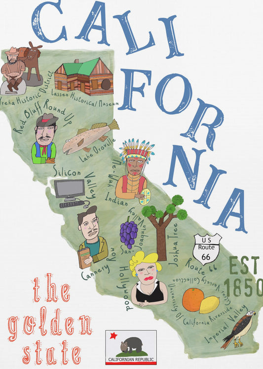 Illustreret kort over Californien med statsikoner af Carla Daly | Lærredsbilleder